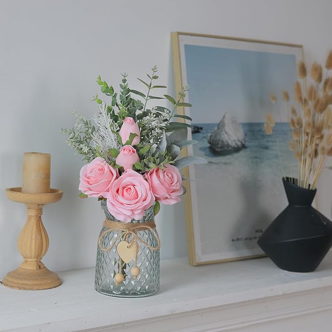 Artificial Flowers in Glass Vase, Pink Silk Roses, 14.5 Inch Tall