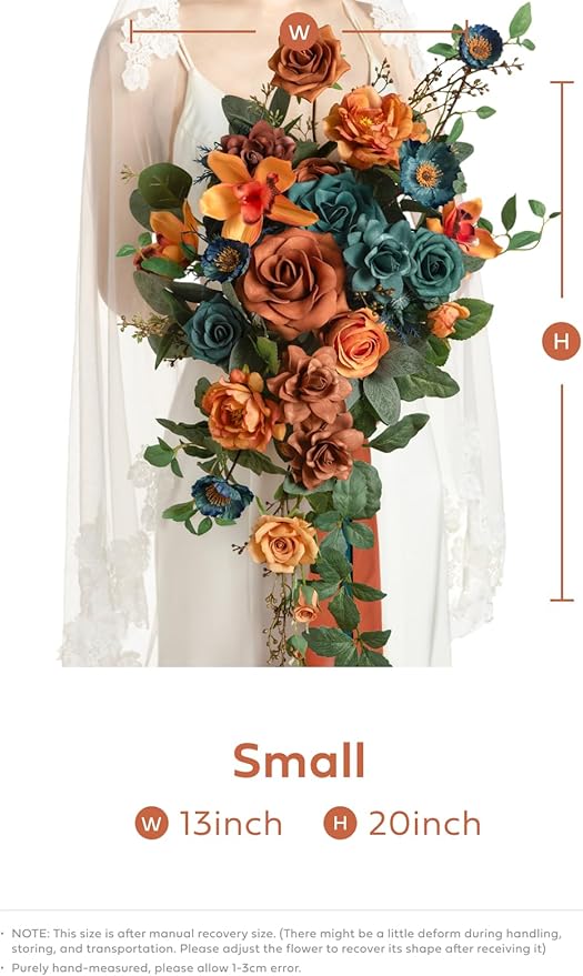 Artificial Bridal Bouquet, Teal and Burnt Orange Silk Cascade, 13 x 20 in