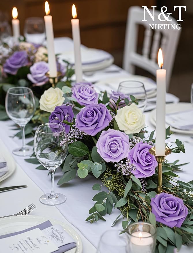 Artificial Flowers, 50 Purple Foam Roses with Stems and Leaves