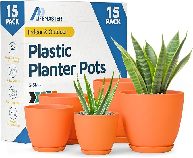 Yellow Plant Pots with Drainage Holes & Saucers 15 Pack, Indoor & Outdoor by LIFEMASTER