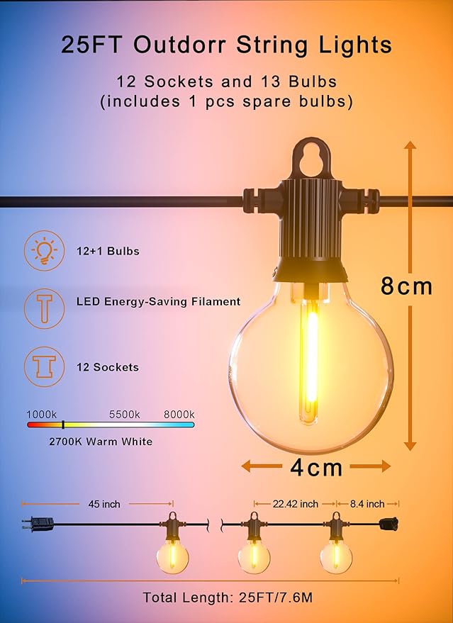 String Lights, 25 ft Warm White Outdoor Patio Lights, 12 Shatterproof Bulbs