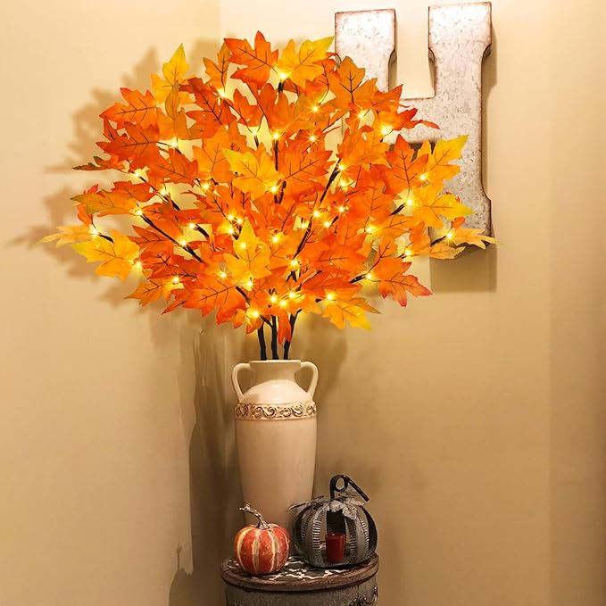 Artificial Fall Maple Leaf Branches, 3 Pcs Lighted Orange Stems with Timer