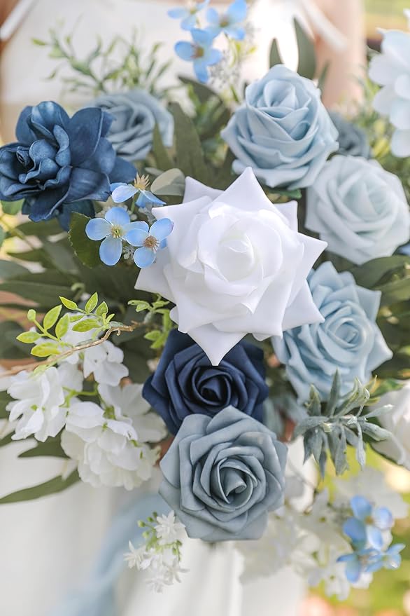Artificial Flowers in Light and Navy Blue, Faux Silk and Foam Mix
