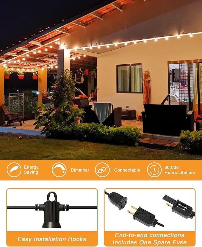 String Lights, 25 ft Warm White Outdoor Patio Lights, 12 Shatterproof Bulbs