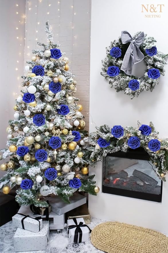 Artificial Flowers, 50 Glitter Blue Foam Roses with 8.2-Inch Stems