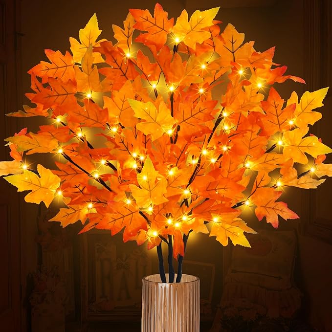 Artificial Fall Maple Leaf Branches, 3 Pcs Lighted Orange Stems with Timer