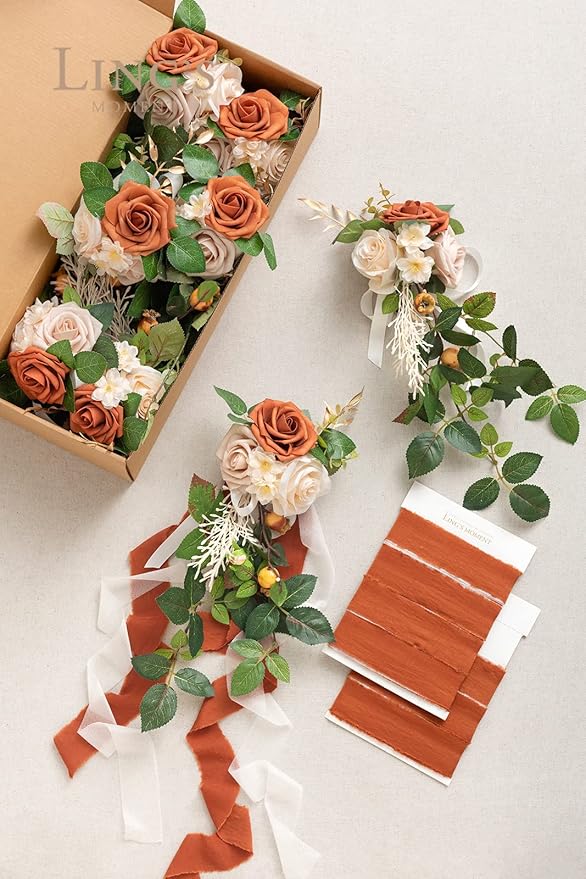 Artificial Flowers Aisle Pew Decor, 8 Pcs Sunset Terracotta Silk Set
