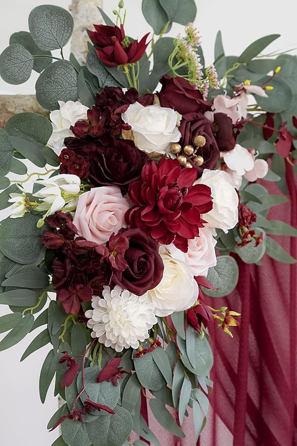 Artificial Flowers Kit, Burgundy Wedding Arch Swag with 26 Ft Draping