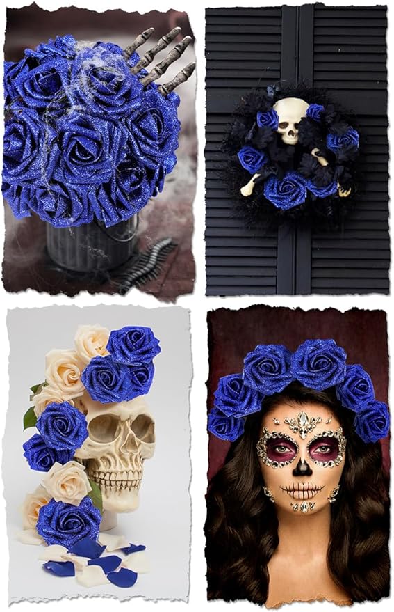 Artificial Flowers, 50 Glitter Blue Foam Roses with 8.2-Inch Stems