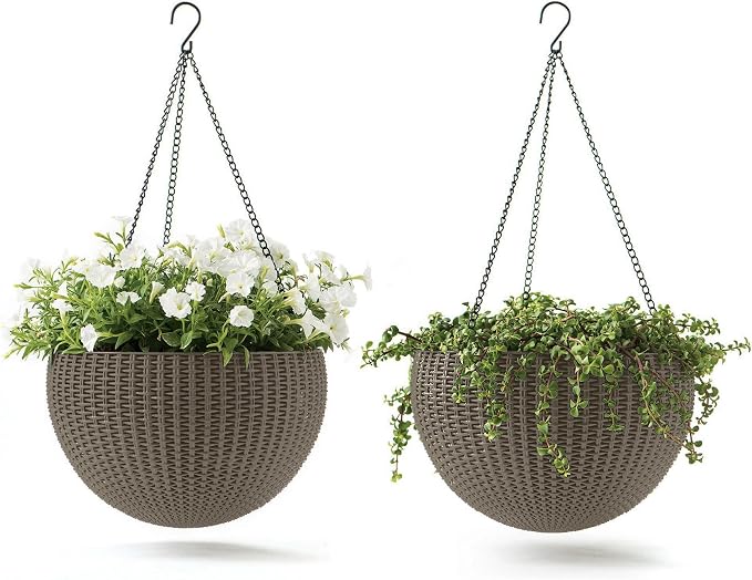 Keter Resin Rattan Set of 2 Round Hanging Planter Baskets by Keter