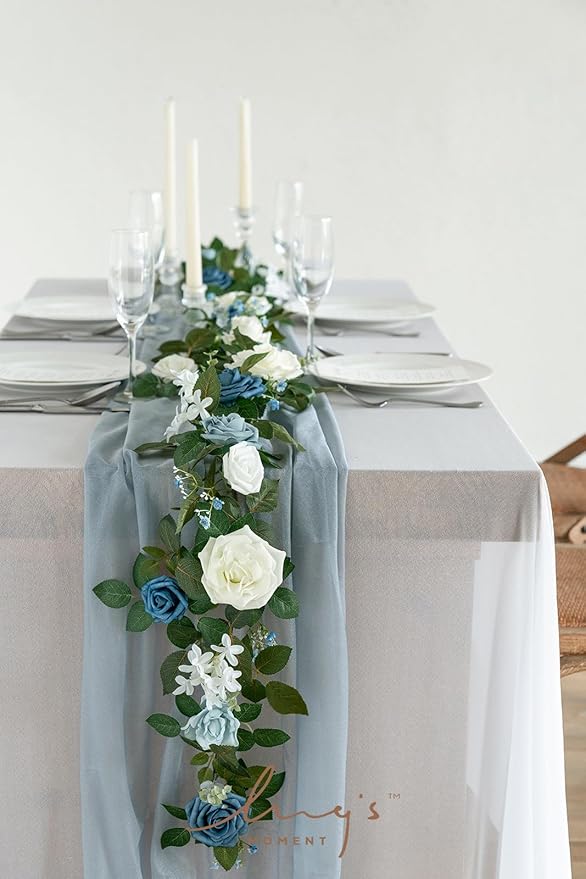 Artificial Flower Garland, 5 Ft Dusty Blue Rose Vine with Leaves
