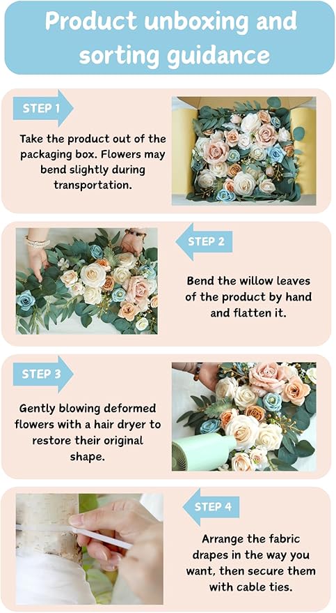 Artificial Flowers Wedding Arch Kit, 4 Pieces, Champagne and Blue