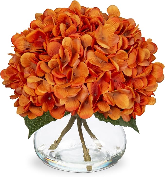 Artificial Fall Hydrangea Flowers with Glass Vase, Orange Silk, 9 x 9.5 in