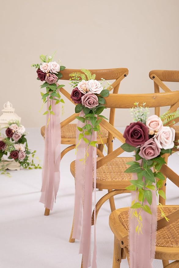 Artificial Pew Flowers Set of 10 in Mauve with Roses for Chairs