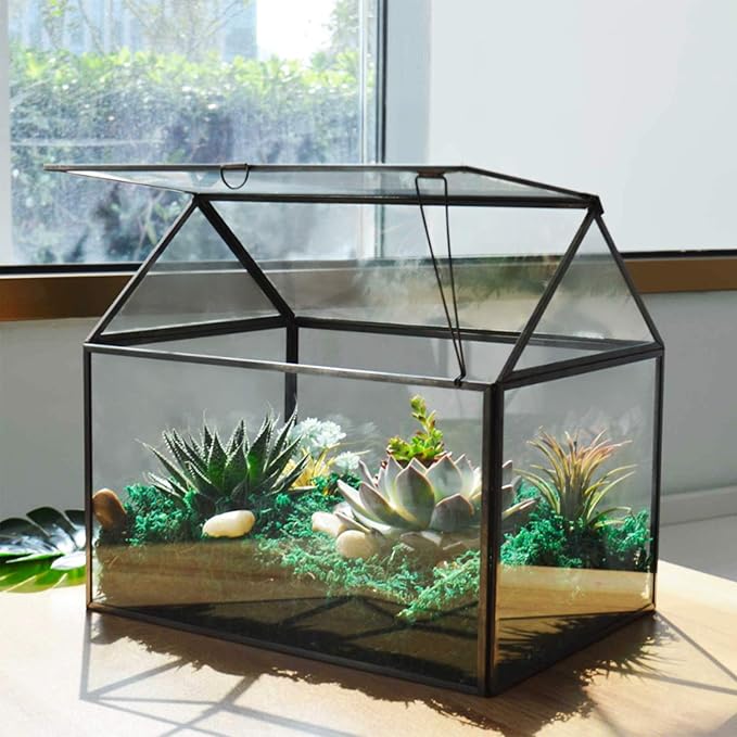 Terrarium, Large Black House-Shaped Glass Planter with Swing Lid
