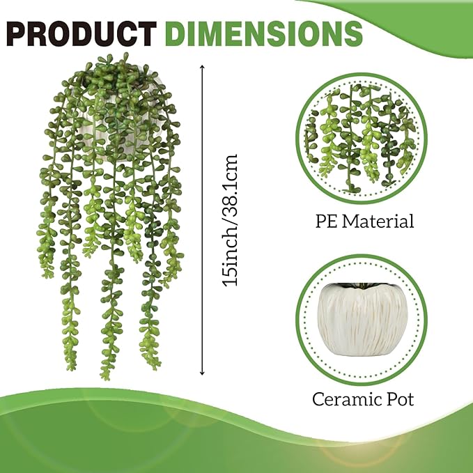 Artificial Plant String of Pearls, Green Plastic, 15 Inch Tall