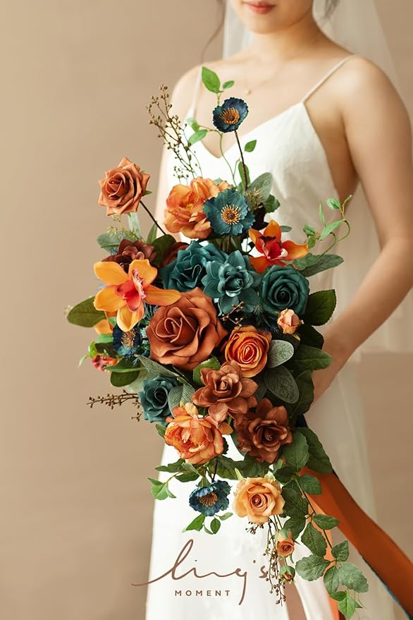 Artificial Bridal Bouquet, Teal and Burnt Orange Silk Cascade, 13 x 20 in