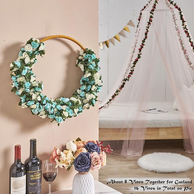 Artificial Flowers Rose Vine Garland, 8 Pack, 8.2 Ft Each, Blue and White