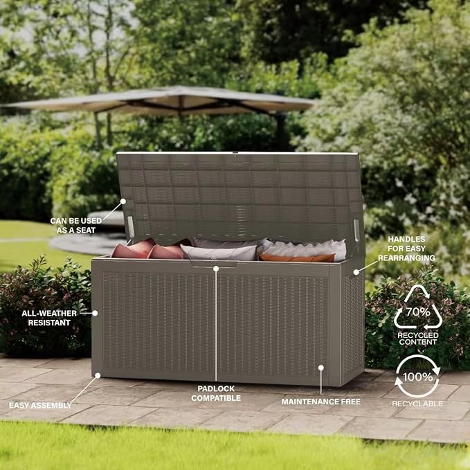 Deck Box 100 Gallon Waterproof Resin, Lockable Grey