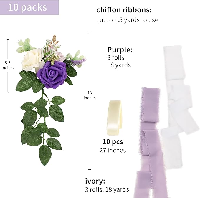 Artificial Flowers for Wedding Aisle Chairs, Set of 10, Purple