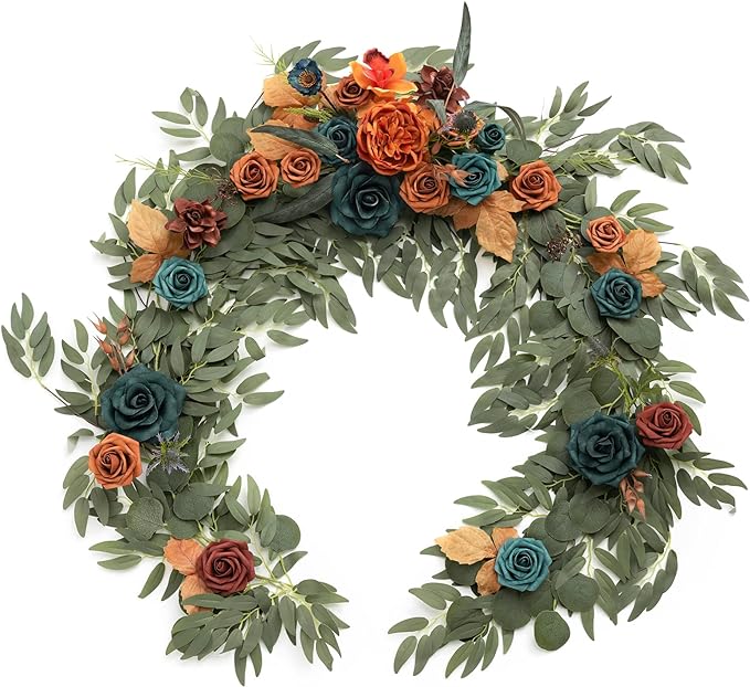 Artificial Flower Garland 6 Ft Dark Teal and Burnt Orange Eucalyptus