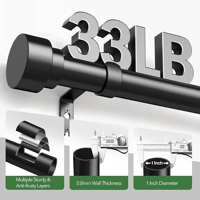 2 Pack Curtain Rods for Windows 66 to 120, 1 Inch Black Adjustable Heavy Duty - Image 4