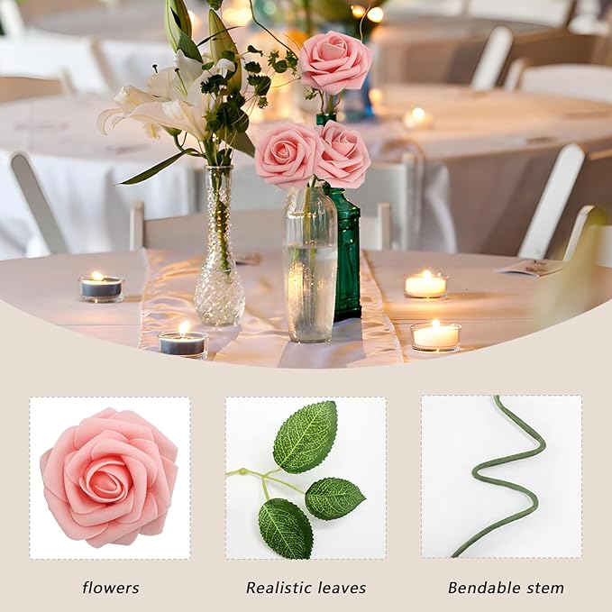 Artificial Flowers: 200 Pink Roses with 100 Leaves, Wired Stems