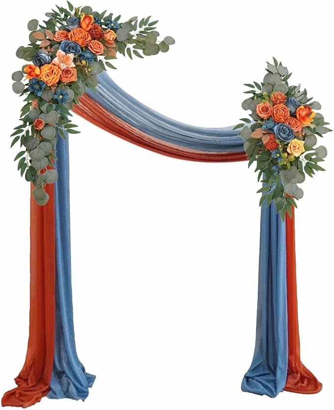 Artificial Flowers Arch Kit Burnt Orange and Dark Teal with 2 Chiffon Drapes
