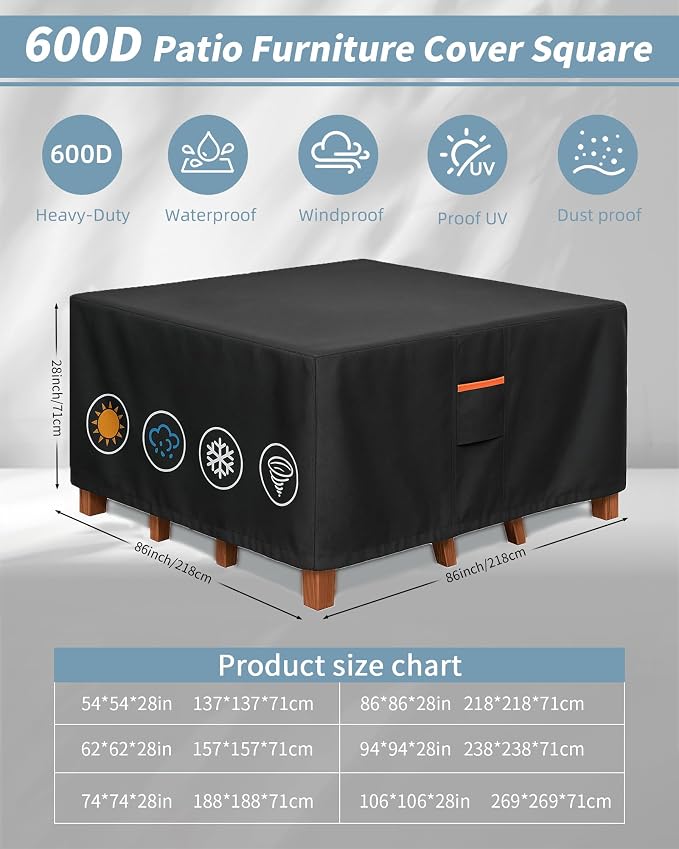 Furniture Set Covers 86x86x28 Inch Black Waterproof 600D Polyester