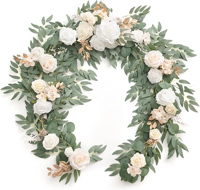 Artificial Flower Garland 6 Ft Eucalyptus, White and Beige