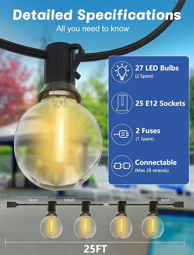 String Lights 25 Ft G40 LED Globe Bulbs, Warm White, IP44 Waterproof