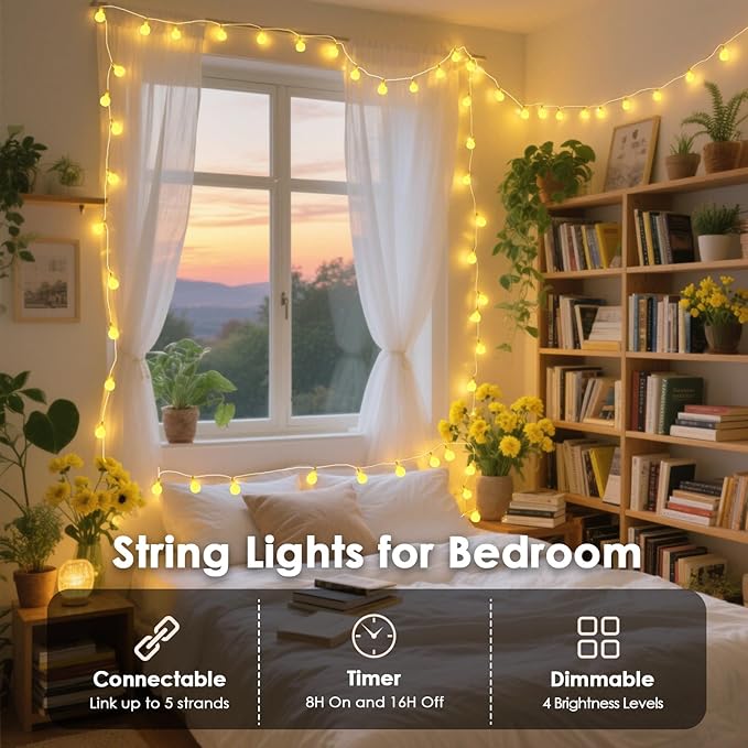 String Lights 108ft Warm White LED Globe, Connectable Indoor Outdoor