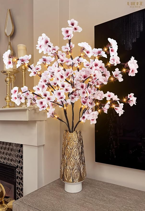 Artificial Flowers: Pink Cherry Blossom Branches with 60 LED Lights, 30 Inch