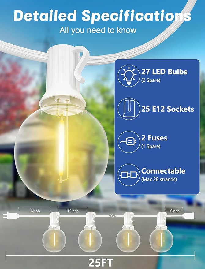 Outdoor String Lights, 25 ft Warm White G40 LED with 2 Spare Bulbs