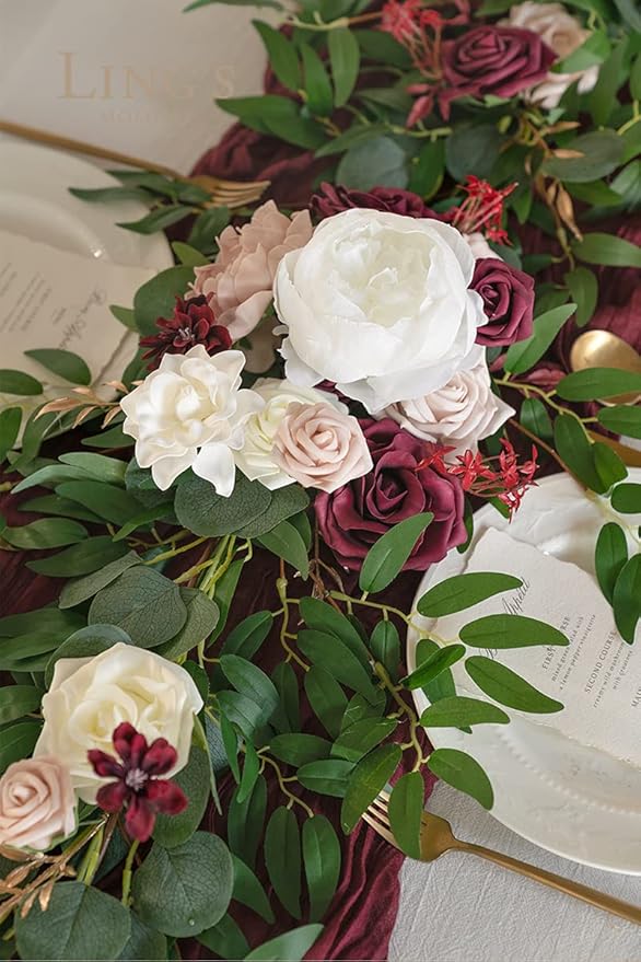 Artificial Flower Garland, 6 Ft Eucalyptus Willow Leaf in Marsala and Blush