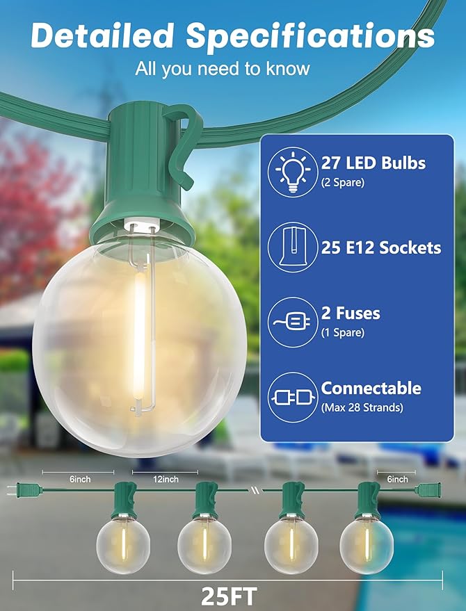 String Lights, 25 FT G40 Round Globe LED, Warm White on Green Wire