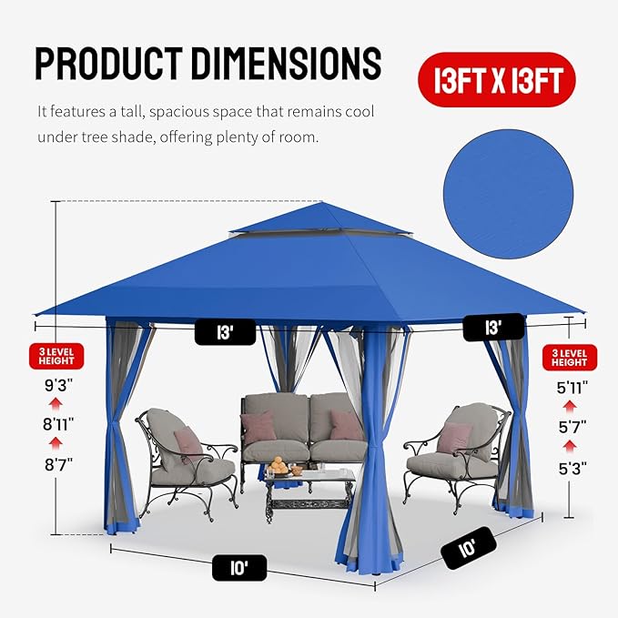 Gazebo Pop Up Canopy 13 x 13 ft with Blue UPF 50+ Fabric