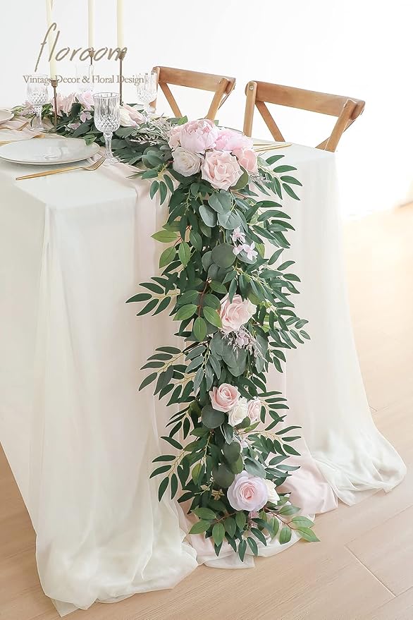 Artificial Flowers Garland, 6 Ft Blush and Cream Eucalyptus Vine