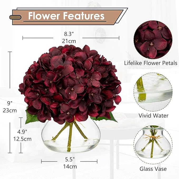 Artificial Flowers, Dark Red Hydrangea Arrangement with Glass Vase