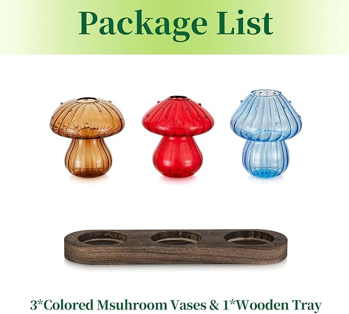 Terrariums Set of 3 Mushroom Glass Propagation Vases with Wooden Tray