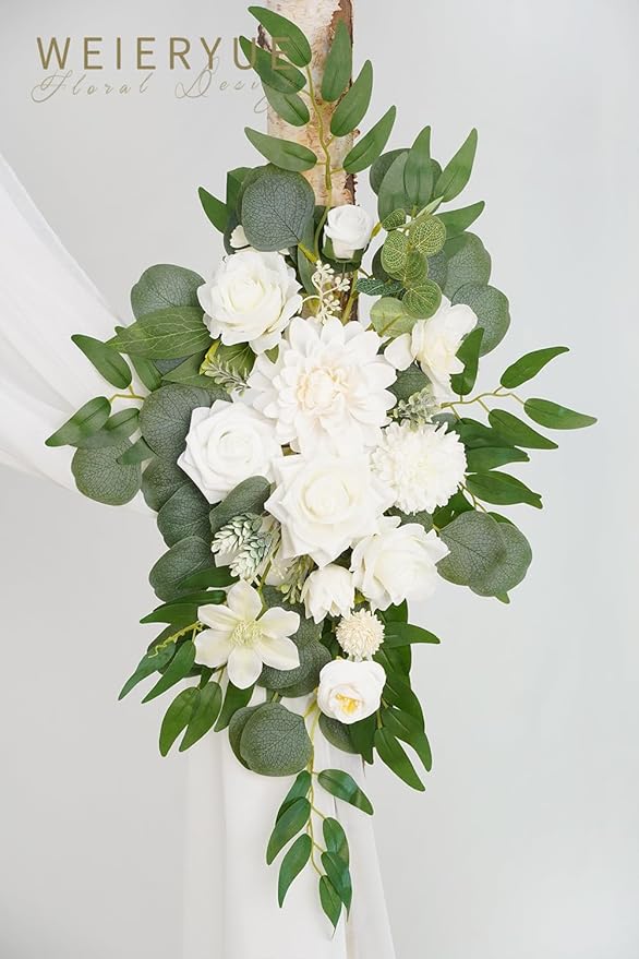 Artificial Flowers Arch Swag Set, 2 Swags and Chiffon Drape, Fairy White