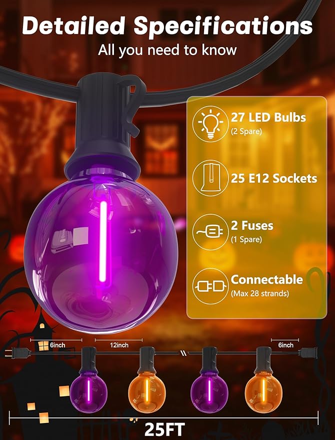 String Lights 25 ft G40 LED Halloween Globe, Orange and Purple