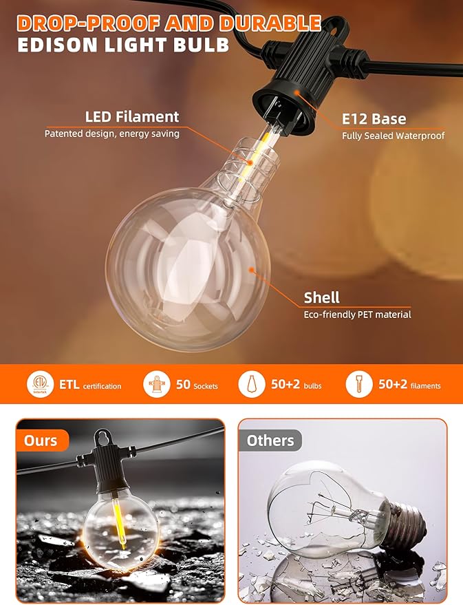 String Lights 100FT Solar Edison Bulbs IP65 Waterproof Warm White