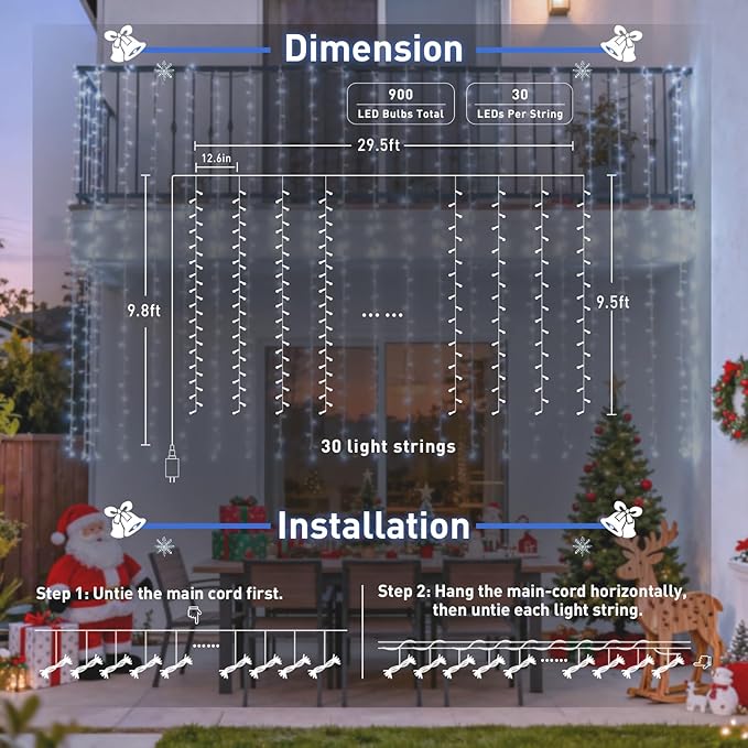 String Lights with 900 LEDs, Cool White Curtain, 9.5 x 29.5 ft