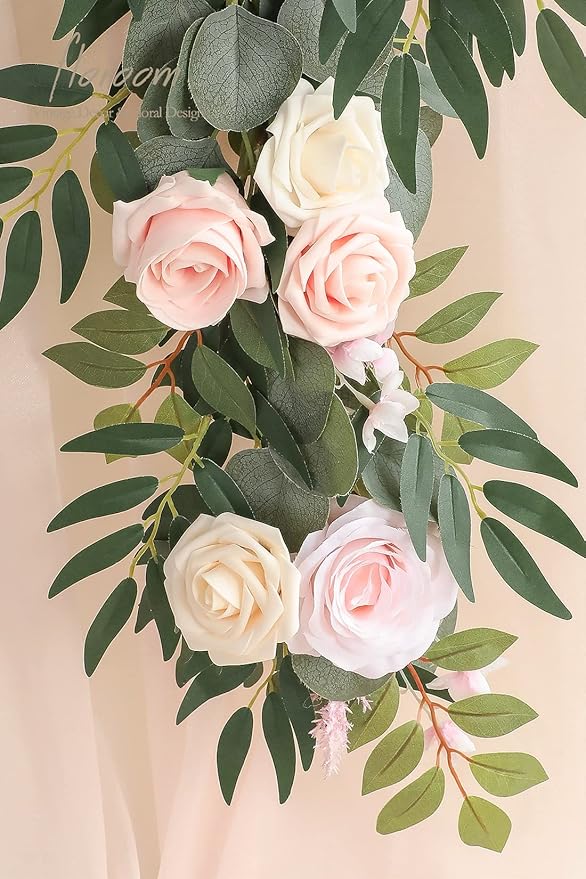Artificial Flowers Garland, 6 Ft Blush and Cream Eucalyptus Vine