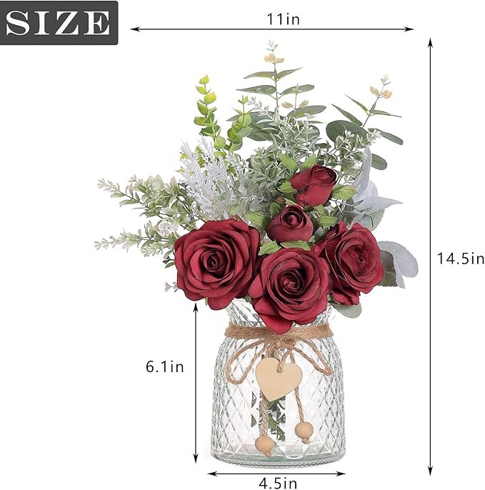 Artificial Flowers in Glass Vase, Burgundy Silk Rose Arrangement
