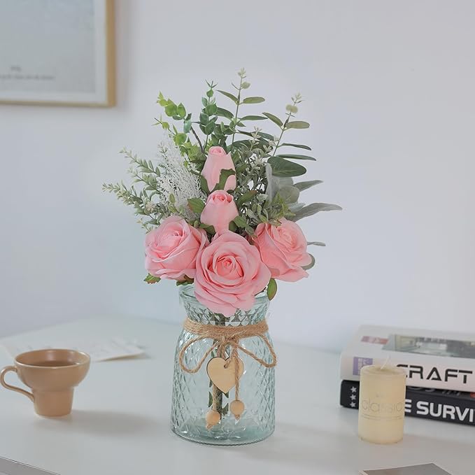 Artificial Flowers in Glass Vase, Pink Silk Roses, 14.5 Inch Tall