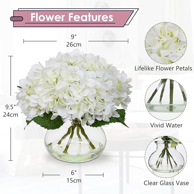 Artificial Hydrangea Flowers in Glass Vase, White Silk, 4 Heads
