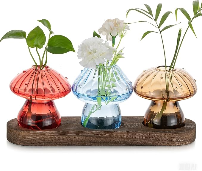 Terrariums Set of 3 Mushroom Glass Propagation Vases with Wooden Tray