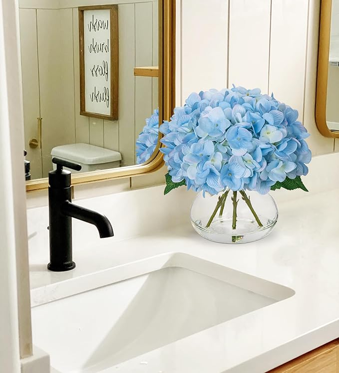 Artificial Flowers: Blue Silk Hydrangea Arrangement with Glass Vase